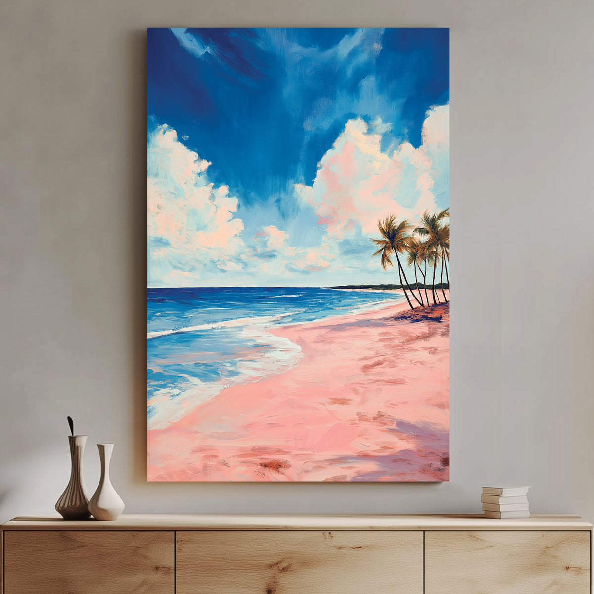 A tranquil beach scene with soft pink sand, deep blue ocean waves, and palm trees swaying under a vast sky with dreamy clouds