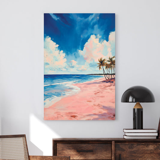 A tranquil beach scene with soft pink sand, deep blue ocean waves, and palm trees swaying under a vast sky with dreamy clouds