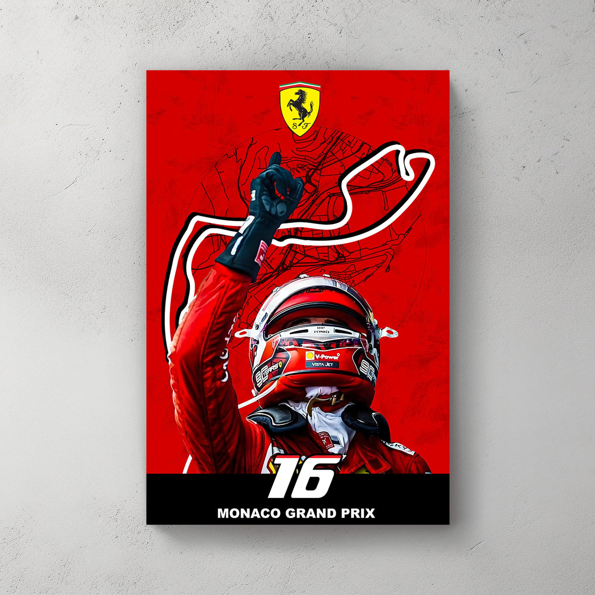A bold wall art print of a Ferrari driver celebrating victory with a raised hand, set against a red backdrop featuring the Monaco Grand Prix track outline