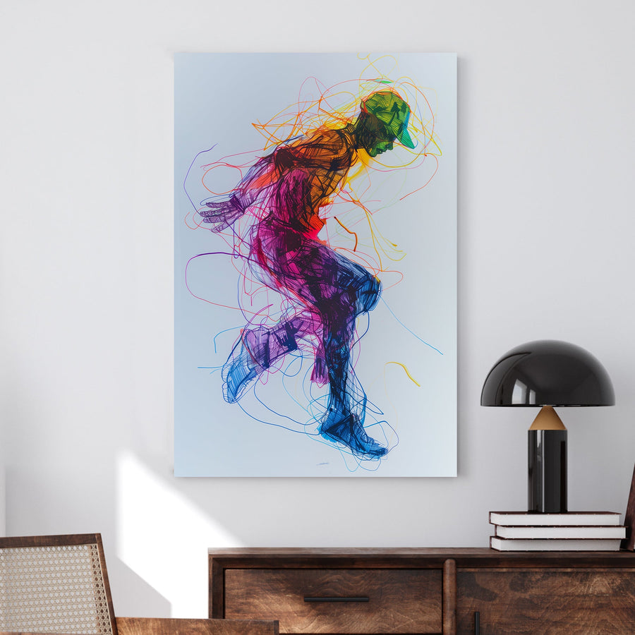 Vibrant sketch-style artwork of a figure in motion with neon colours, expressive strokes, and a dynamic urban aesthetic.