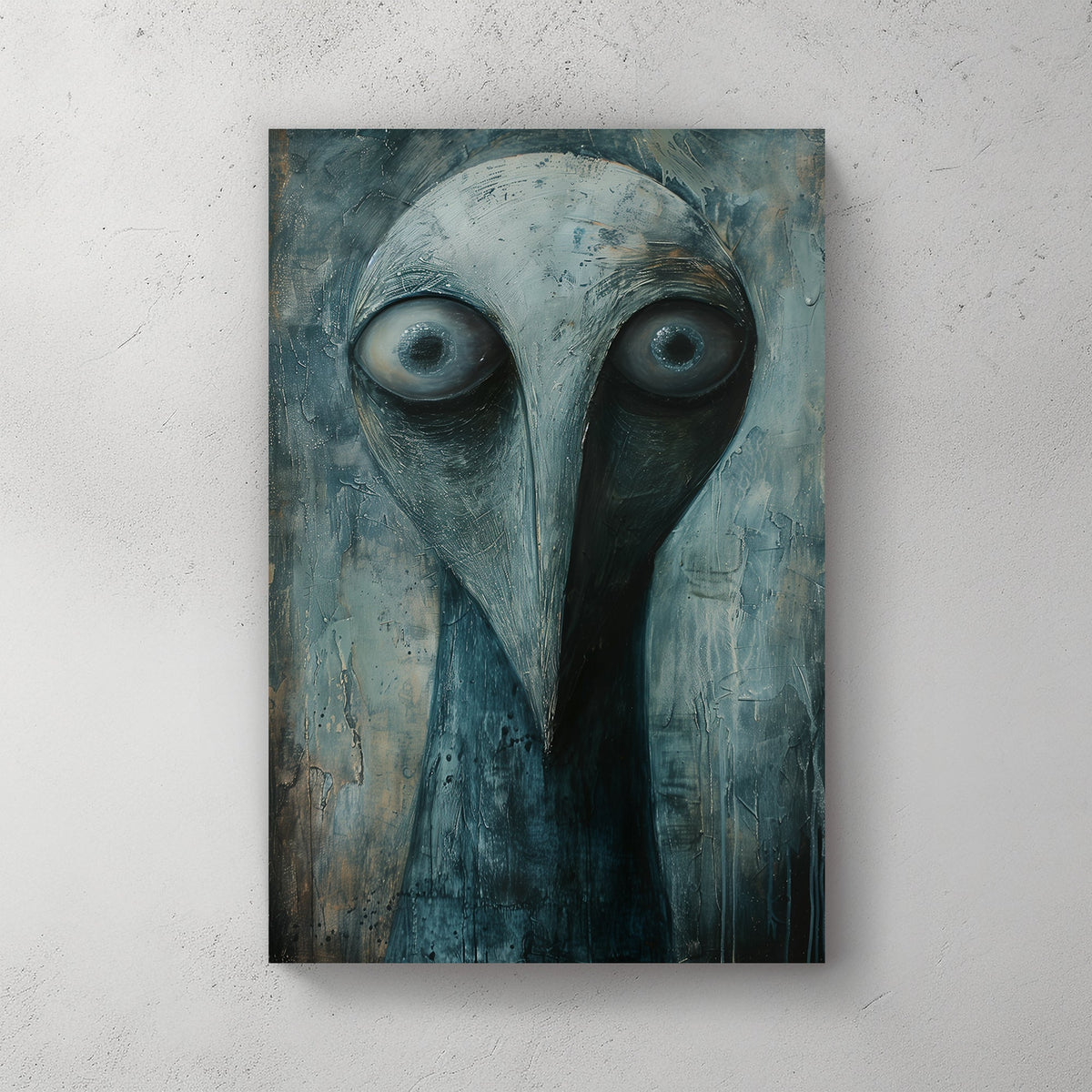 Surreal dark-toned portrait of an abstract bird-like figure with intense, wide eyes and textured brushstrokes.