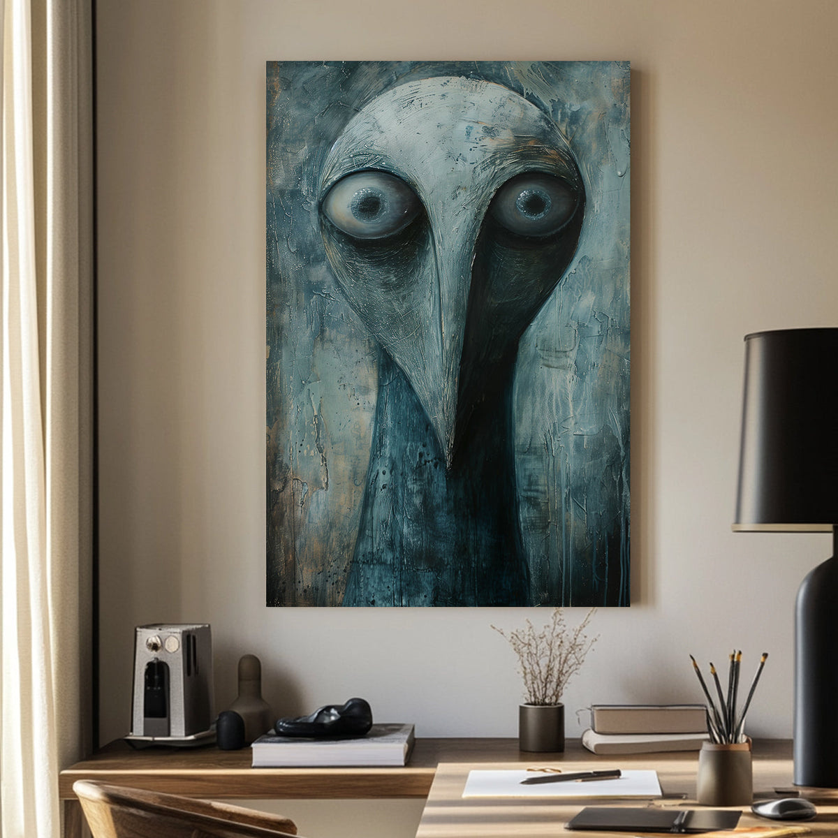 Surreal dark-toned portrait of an abstract bird-like figure with intense, wide eyes and textured brushstrokes.