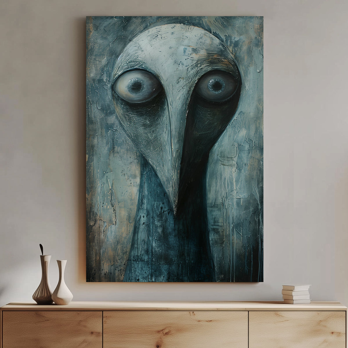 Surreal dark-toned portrait of an abstract bird-like figure with intense, wide eyes and textured brushstrokes.