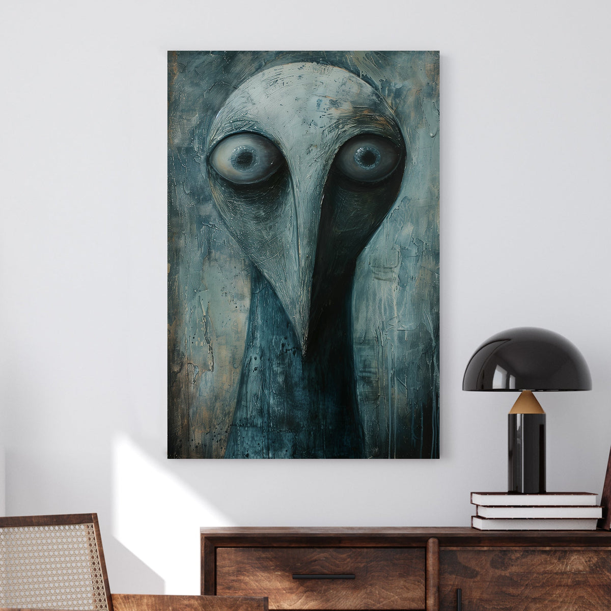 Surreal dark-toned portrait of an abstract bird-like figure with intense, wide eyes and textured brushstrokes.