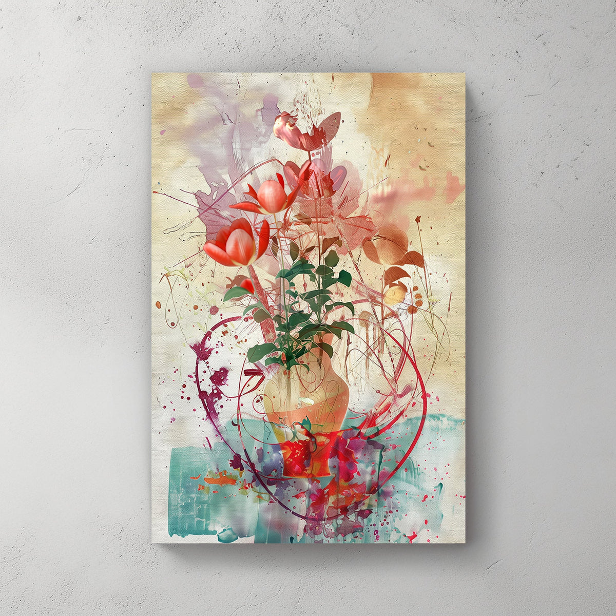 Abstract floral artwork featuring red tulips in a textured vase with expressive splashes of colour and an artistic, modern background.