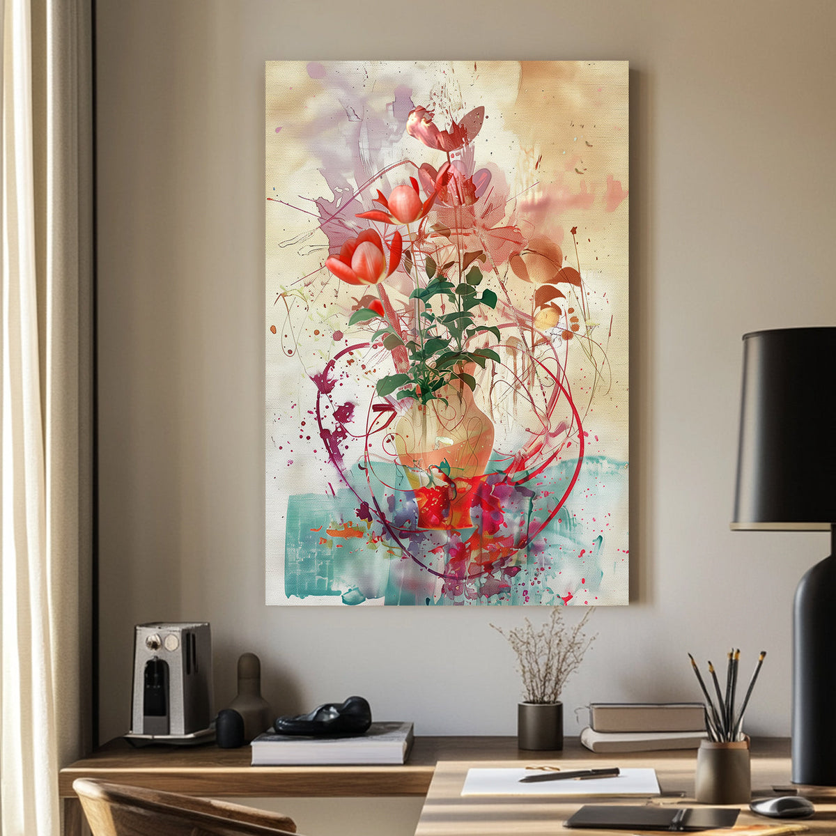 Abstract floral artwork featuring red tulips in a textured vase with expressive splashes of colour and an artistic, modern background.
