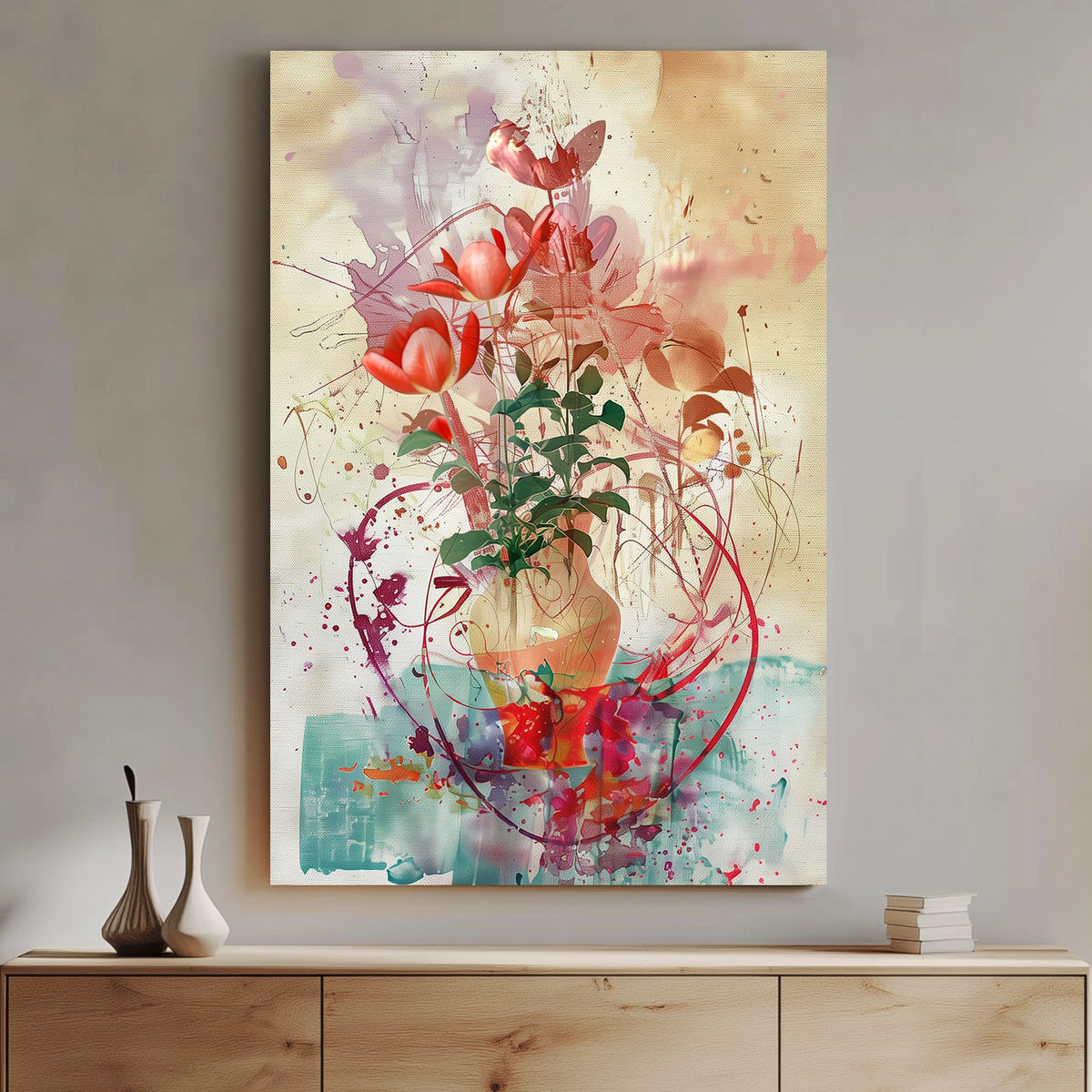 Abstract floral artwork featuring red tulips in a textured vase with expressive splashes of colour and an artistic, modern background.
