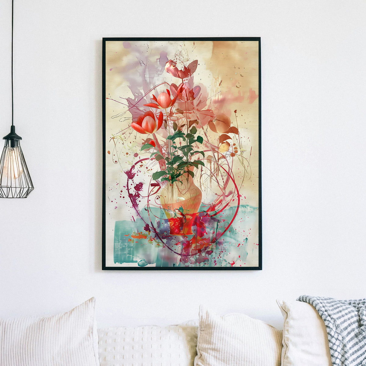 Abstract floral artwork featuring red tulips in a textured vase with expressive splashes of colour and an artistic, modern background.