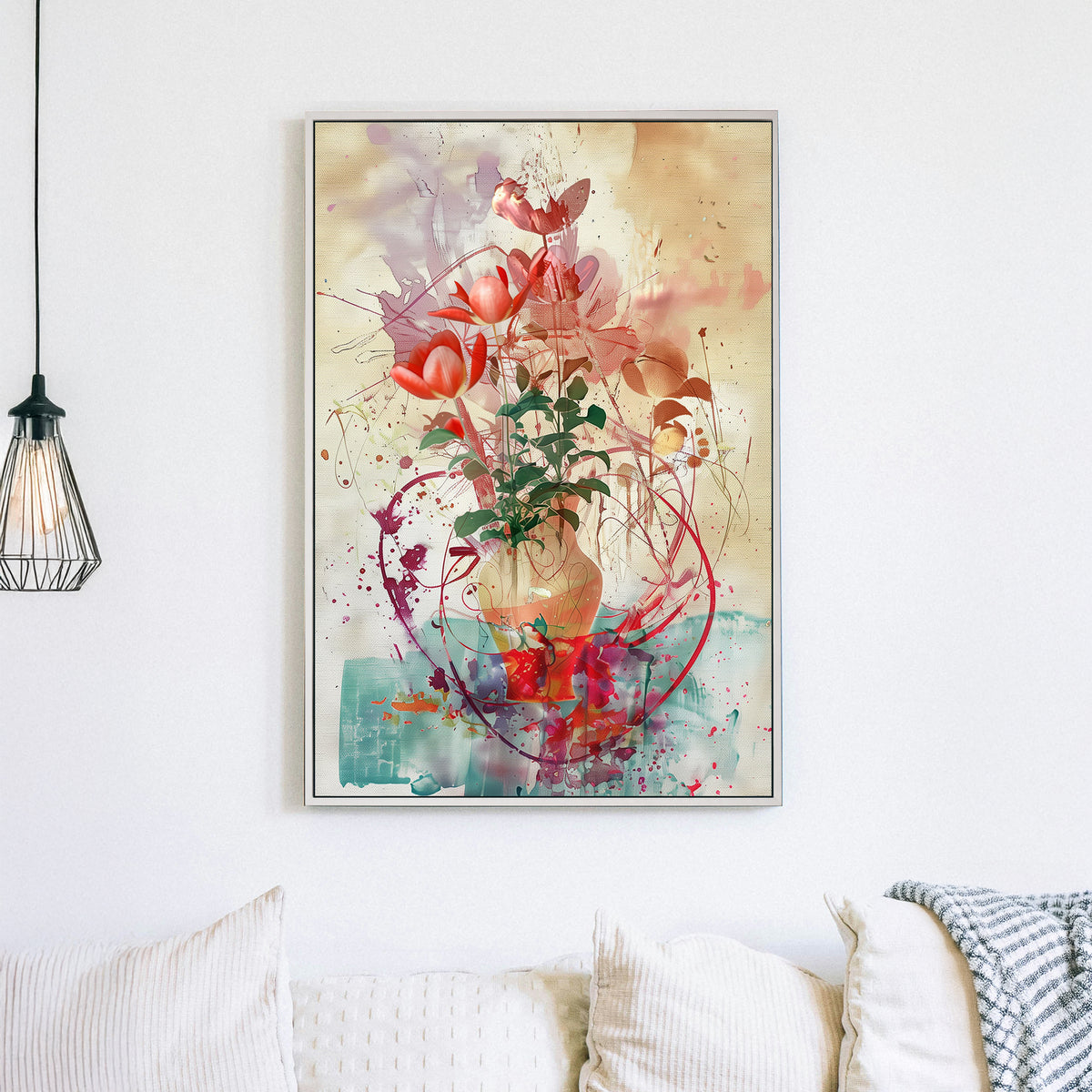 Abstract floral artwork featuring red tulips in a textured vase with expressive splashes of colour and an artistic, modern background.