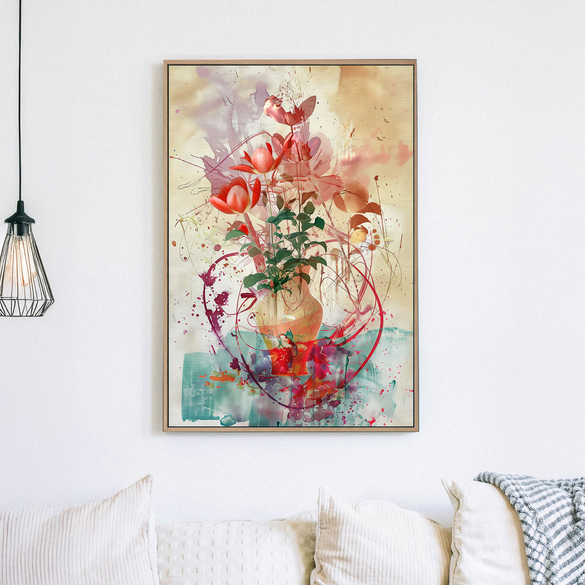 Abstract floral artwork featuring red tulips in a textured vase with expressive splashes of colour and an artistic, modern background.