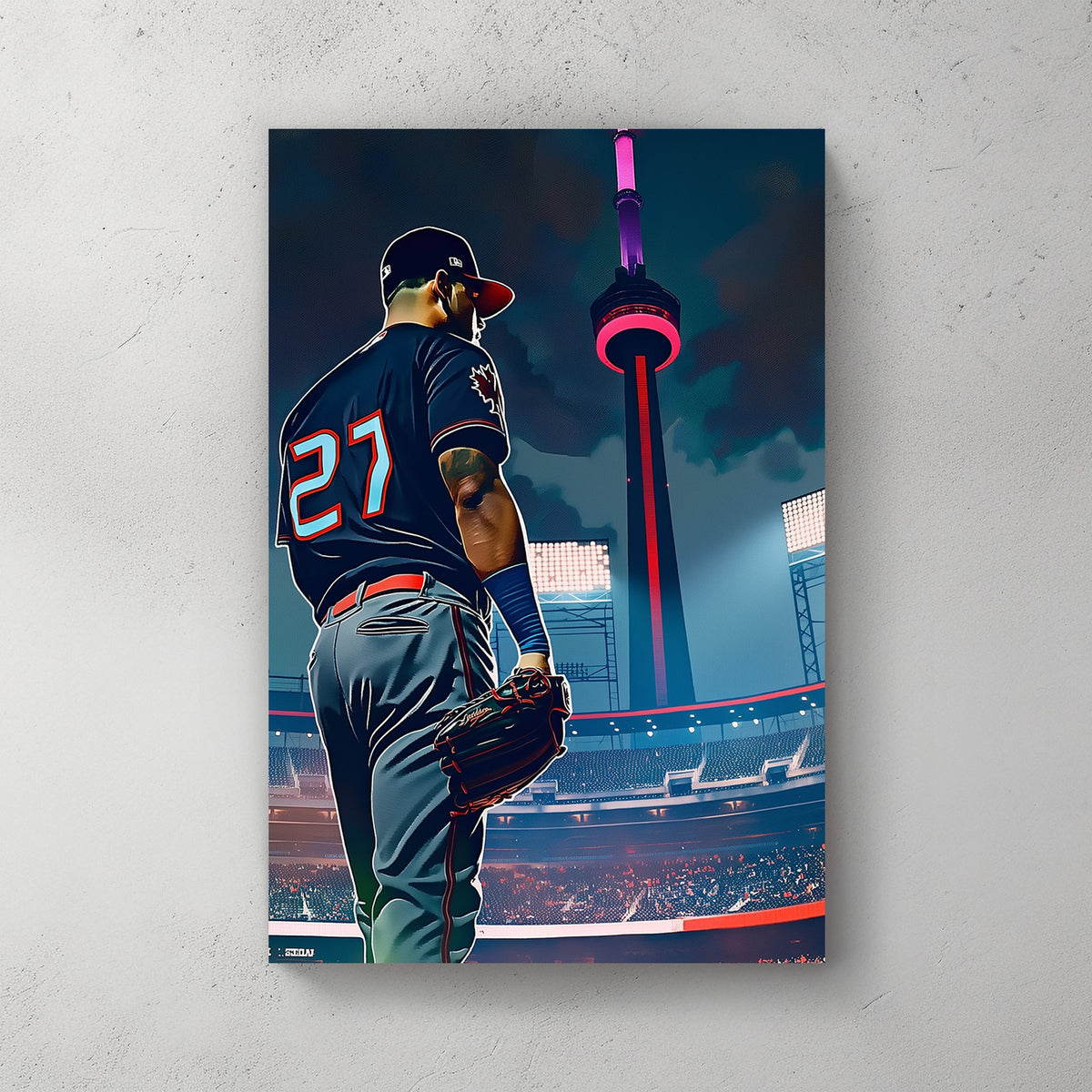 Stylized digital artwork of a baseball player in a Toronto jersey standing in a stadium with the CN Tower glowing in the background.