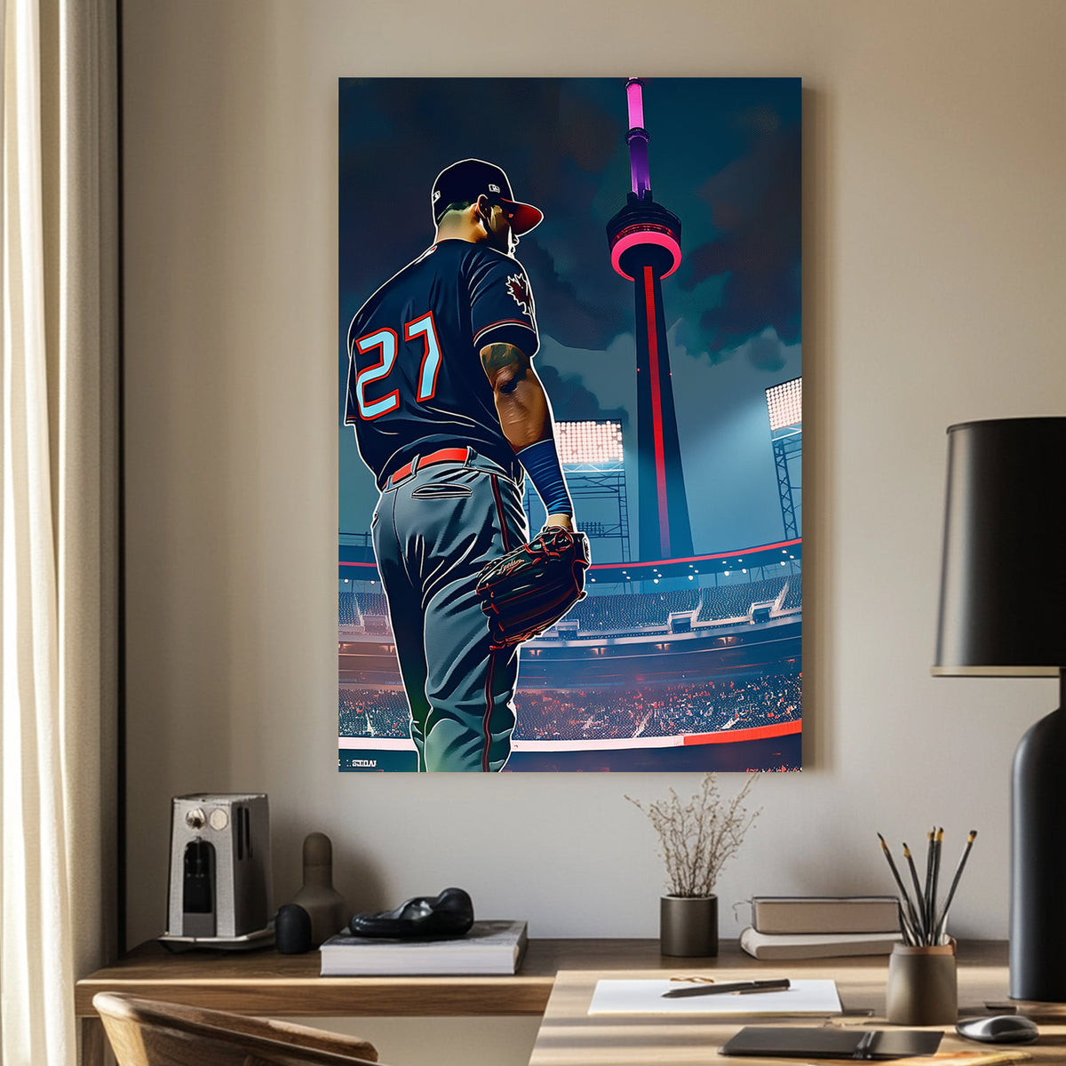 Stylized digital artwork of a baseball player in a Toronto jersey standing in a stadium with the CN Tower glowing in the background.