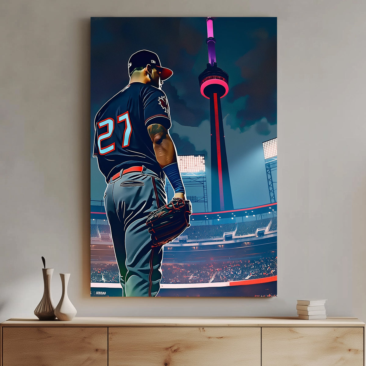 Stylized digital artwork of a baseball player in a Toronto jersey standing in a stadium with the CN Tower glowing in the background.