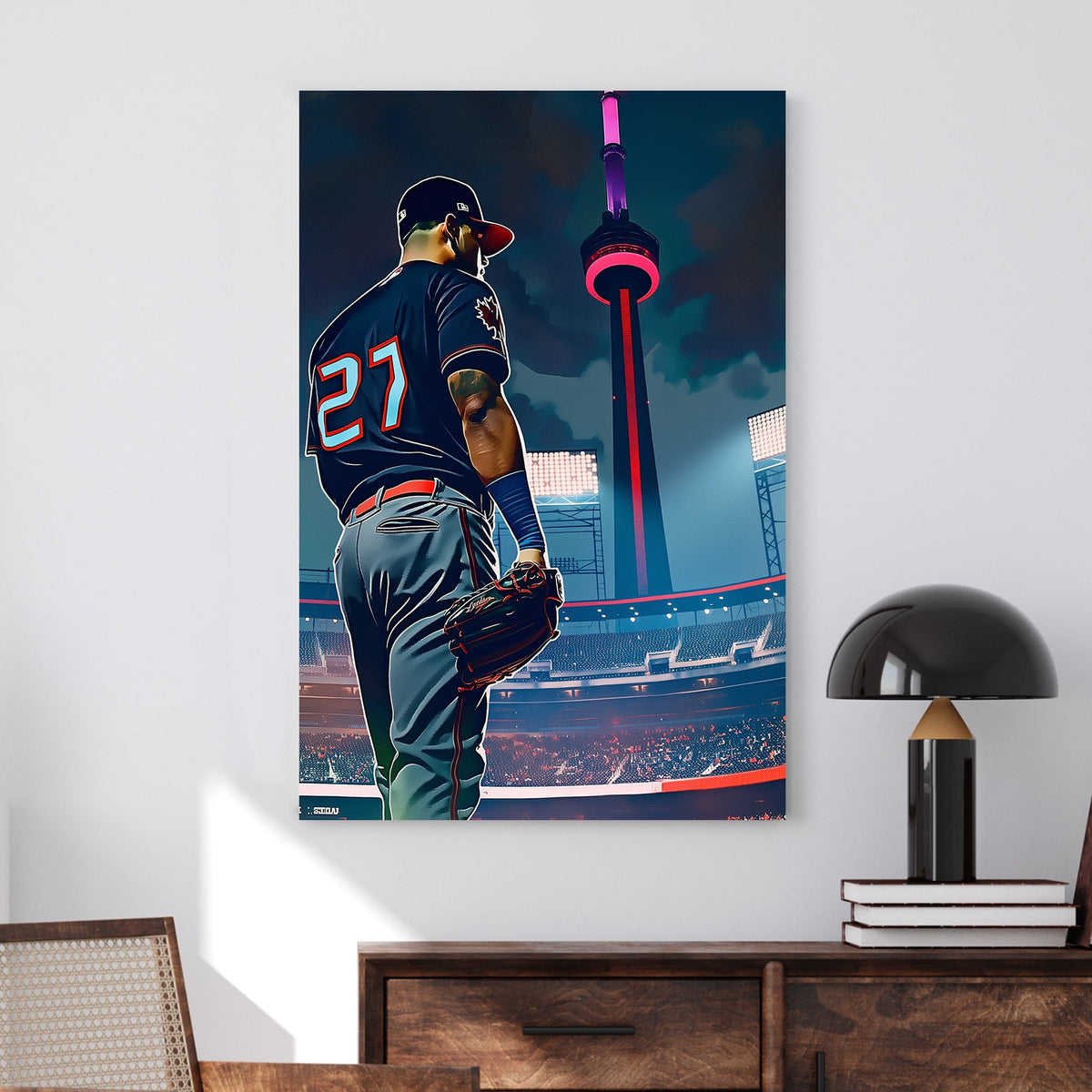 Stylized digital artwork of a baseball player in a Toronto jersey standing in a stadium with the CN Tower glowing in the background.