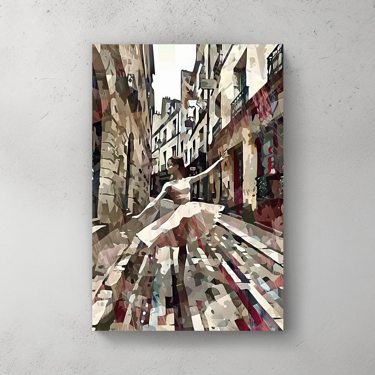 Abstract digital wall art of a ballerina dancing in a narrow European street, blending movement with textured, earthy tones.