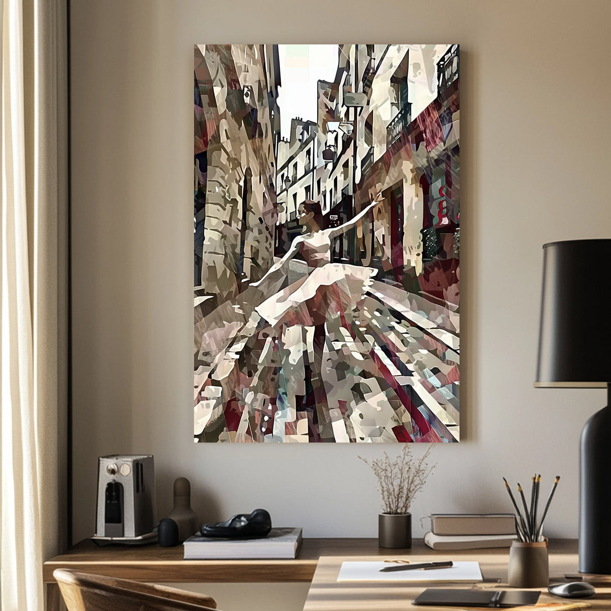 Abstract digital wall art of a ballerina dancing in a narrow European street, blending movement with textured, earthy tones.