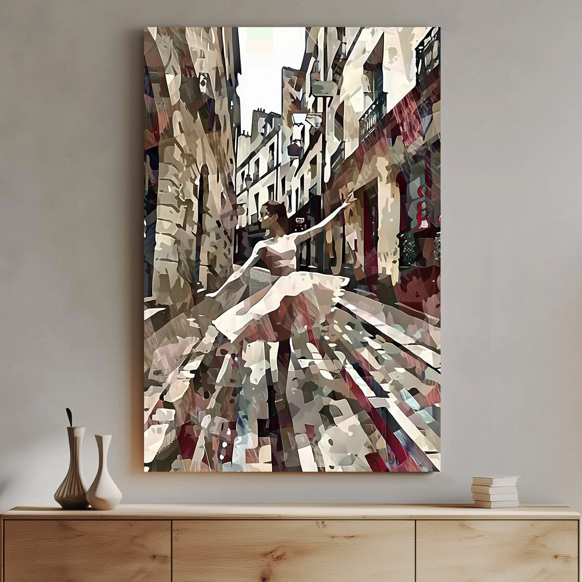 Abstract digital wall art of a ballerina dancing in a narrow European street, blending movement with textured, earthy tones.