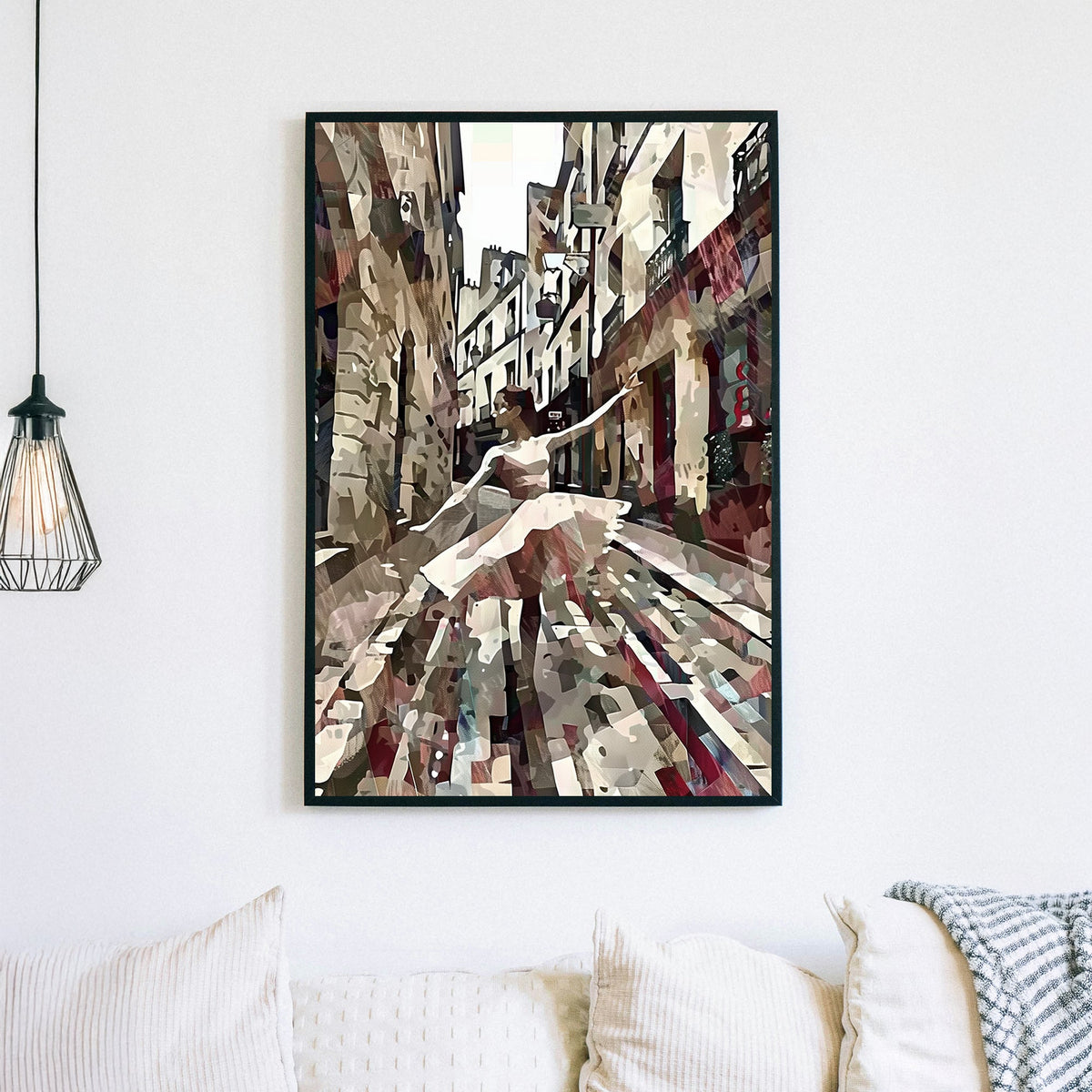 Abstract digital wall art of a ballerina dancing in a narrow European street, blending movement with textured, earthy tones.