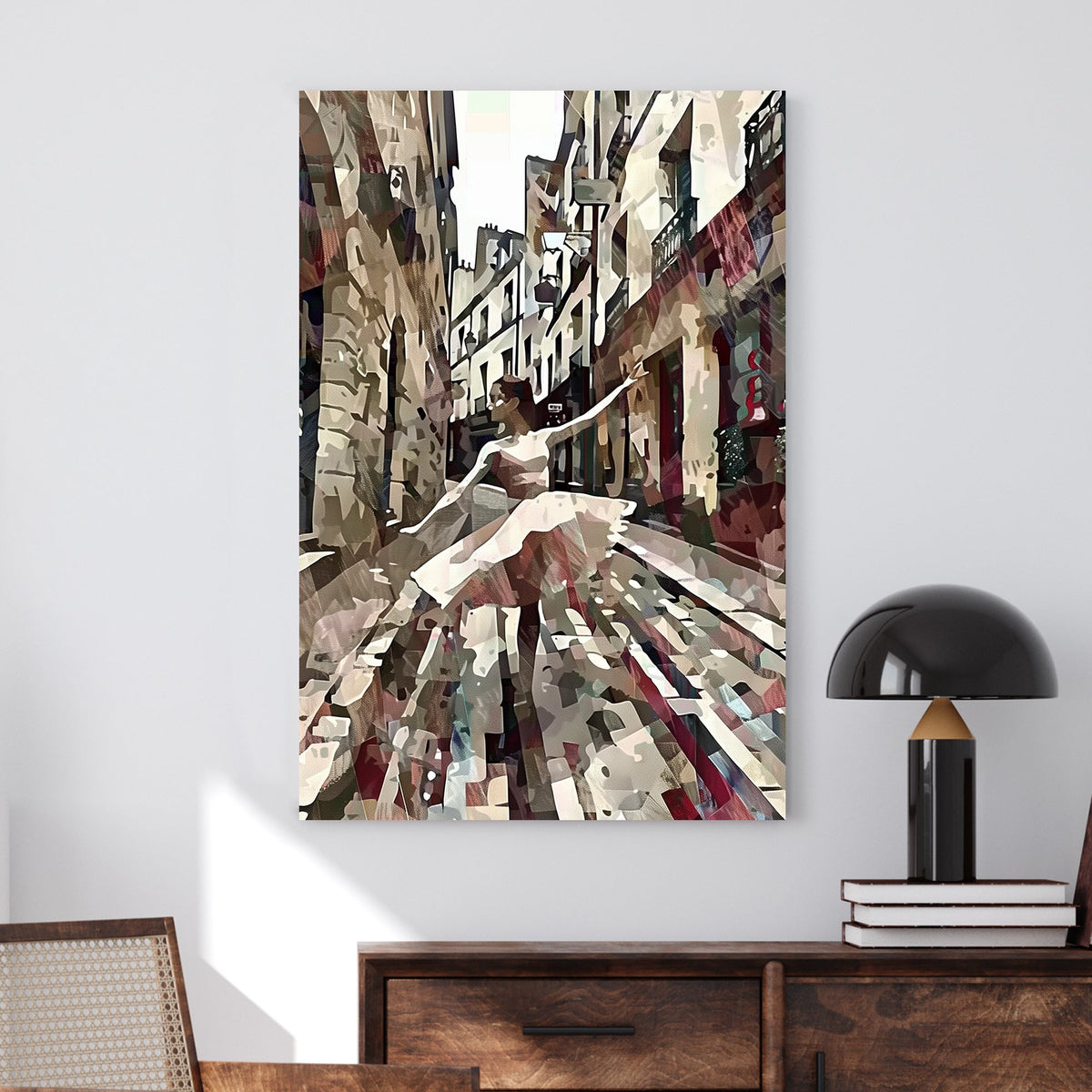 Abstract digital wall art of a ballerina dancing in a narrow European street, blending movement with textured, earthy tones.