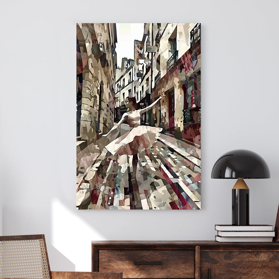 Abstract digital wall art of a ballerina dancing in a narrow European street, blending movement with textured, earthy tones.