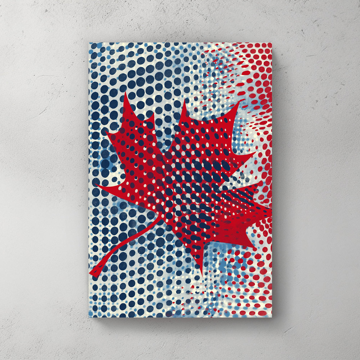 Pop art-style maple leaf artwork with bold red, blue, and white halftone dots in a modern Canadian design.