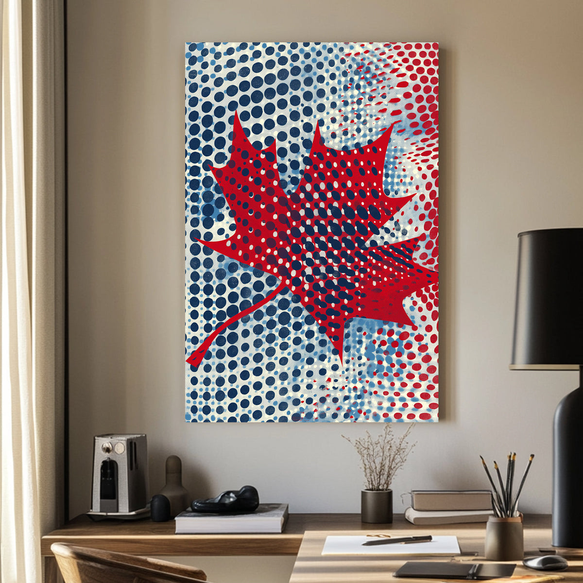 Pop art-style maple leaf artwork with bold red, blue, and white halftone dots in a modern Canadian design.
