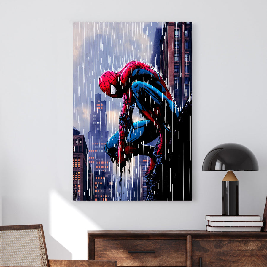 Comic book-style artwork of a spiderman crouching on a city rooftop in the rain, with a dramatic skyline in the background.