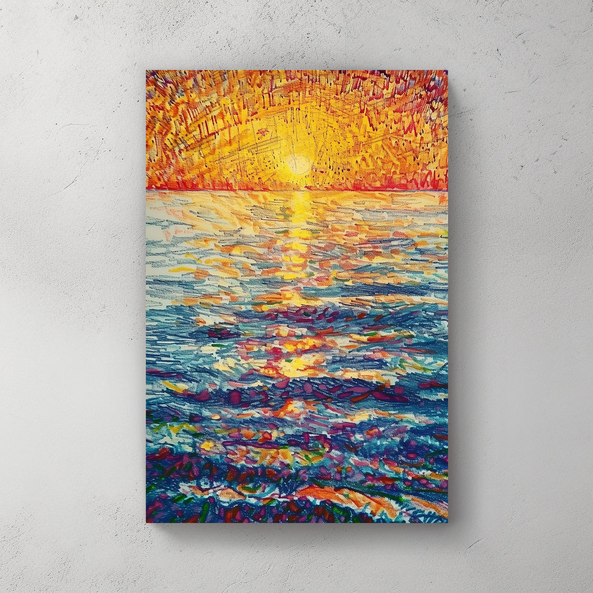 Vibrant impressionist wall art of a sunset over the ocean, featuring rich hues of gold, orange, and deep blue with expressive brushstrokes.