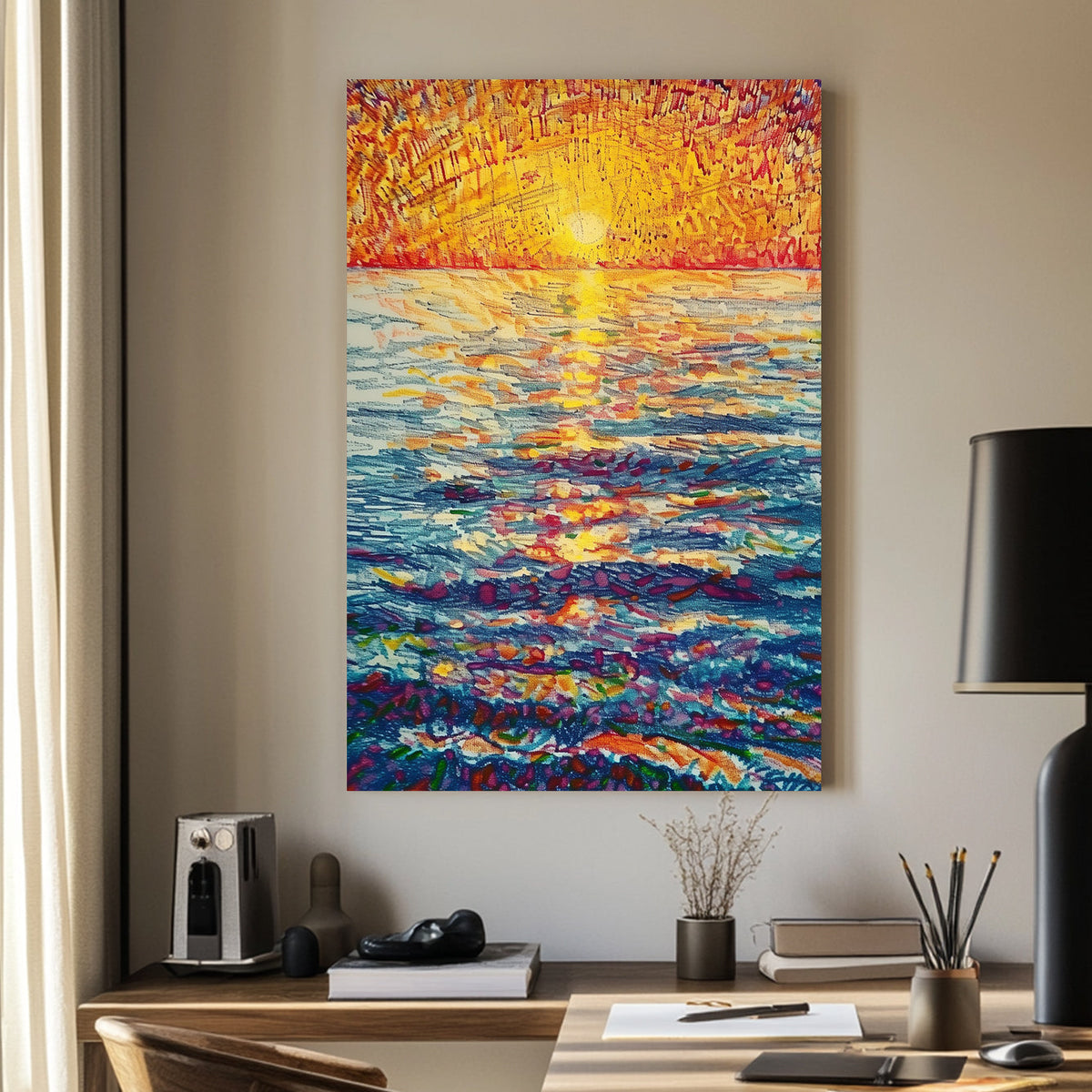 Vibrant impressionist wall art of a sunset over the ocean, featuring rich hues of gold, orange, and deep blue with expressive brushstrokes.