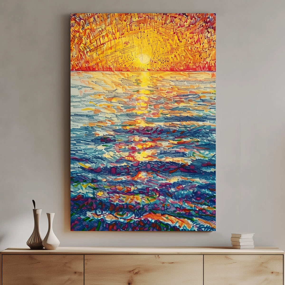 Vibrant impressionist wall art of a sunset over the ocean, featuring rich hues of gold, orange, and deep blue with expressive brushstrokes.