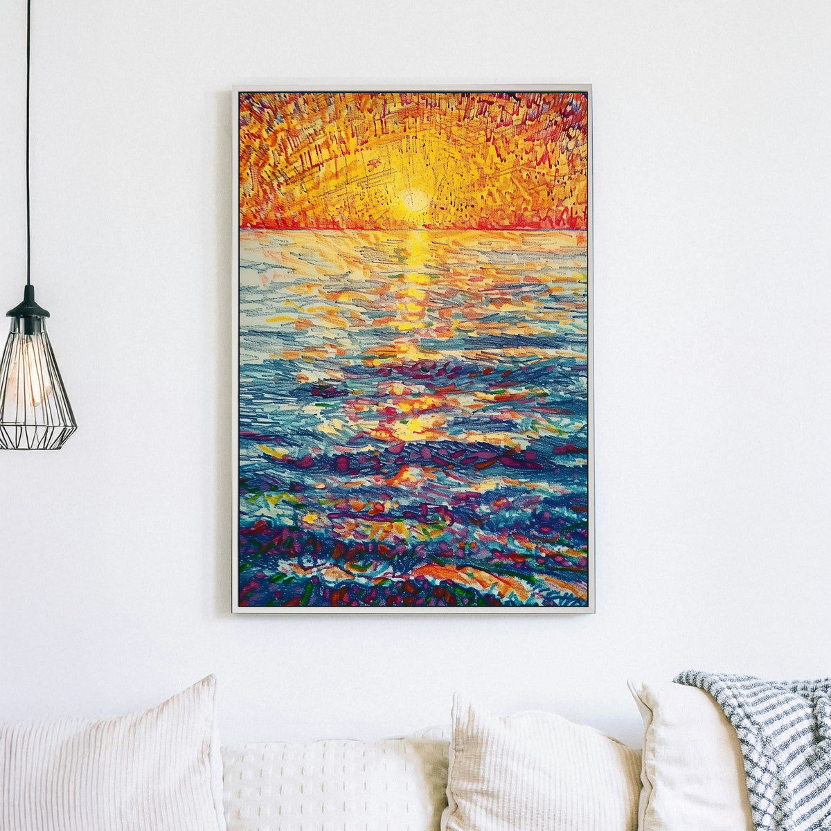 Vibrant impressionist wall art of a sunset over the ocean, featuring rich hues of gold, orange, and deep blue with expressive brushstrokes.