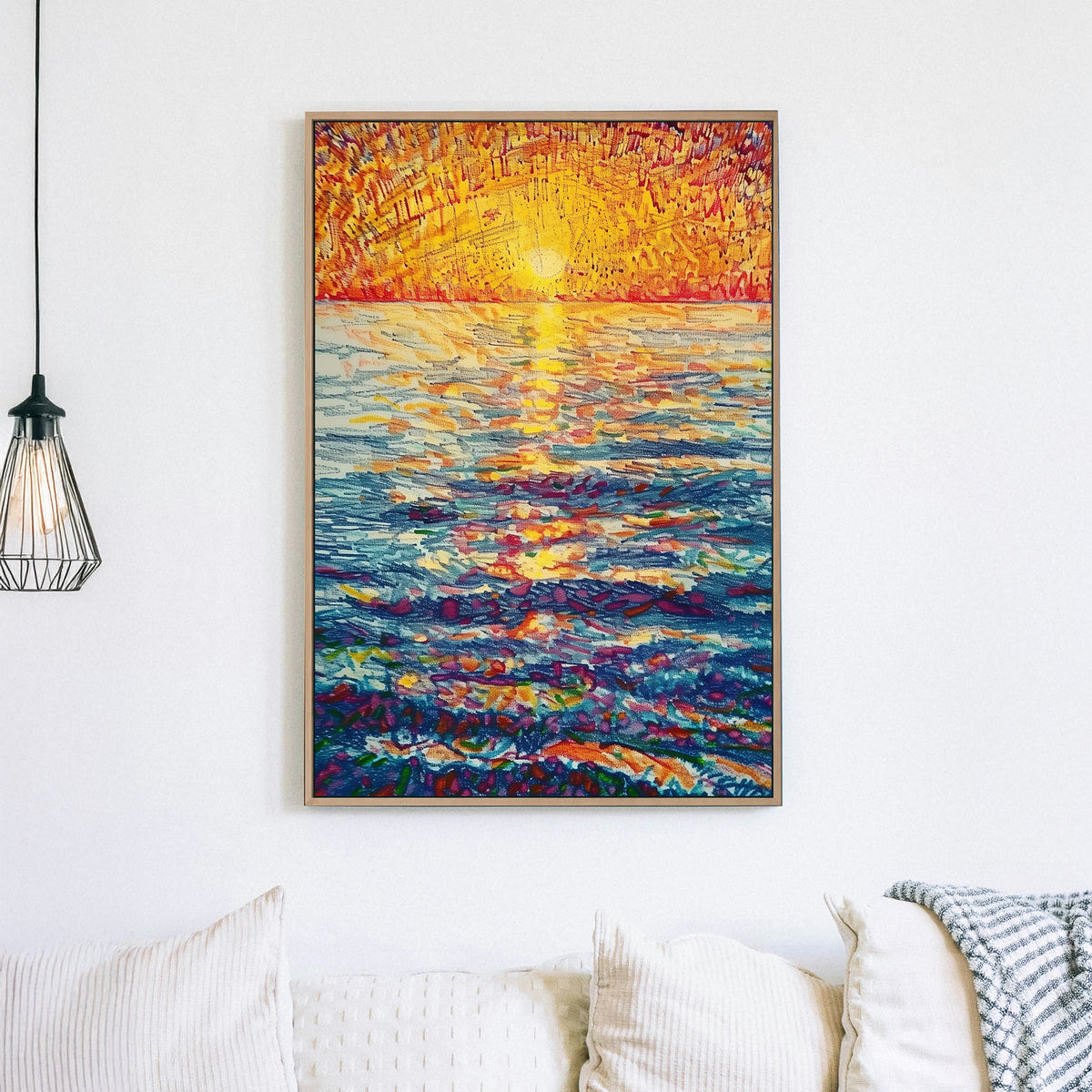 Vibrant impressionist wall art of a sunset over the ocean, featuring rich hues of gold, orange, and deep blue with expressive brushstrokes.