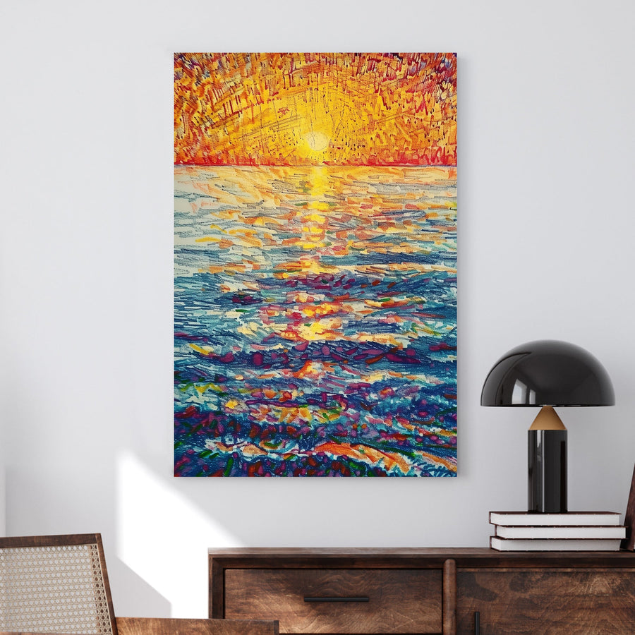 Vibrant impressionist wall art of a sunset over the ocean, featuring rich hues of gold, orange, and deep blue with expressive brushstrokes.