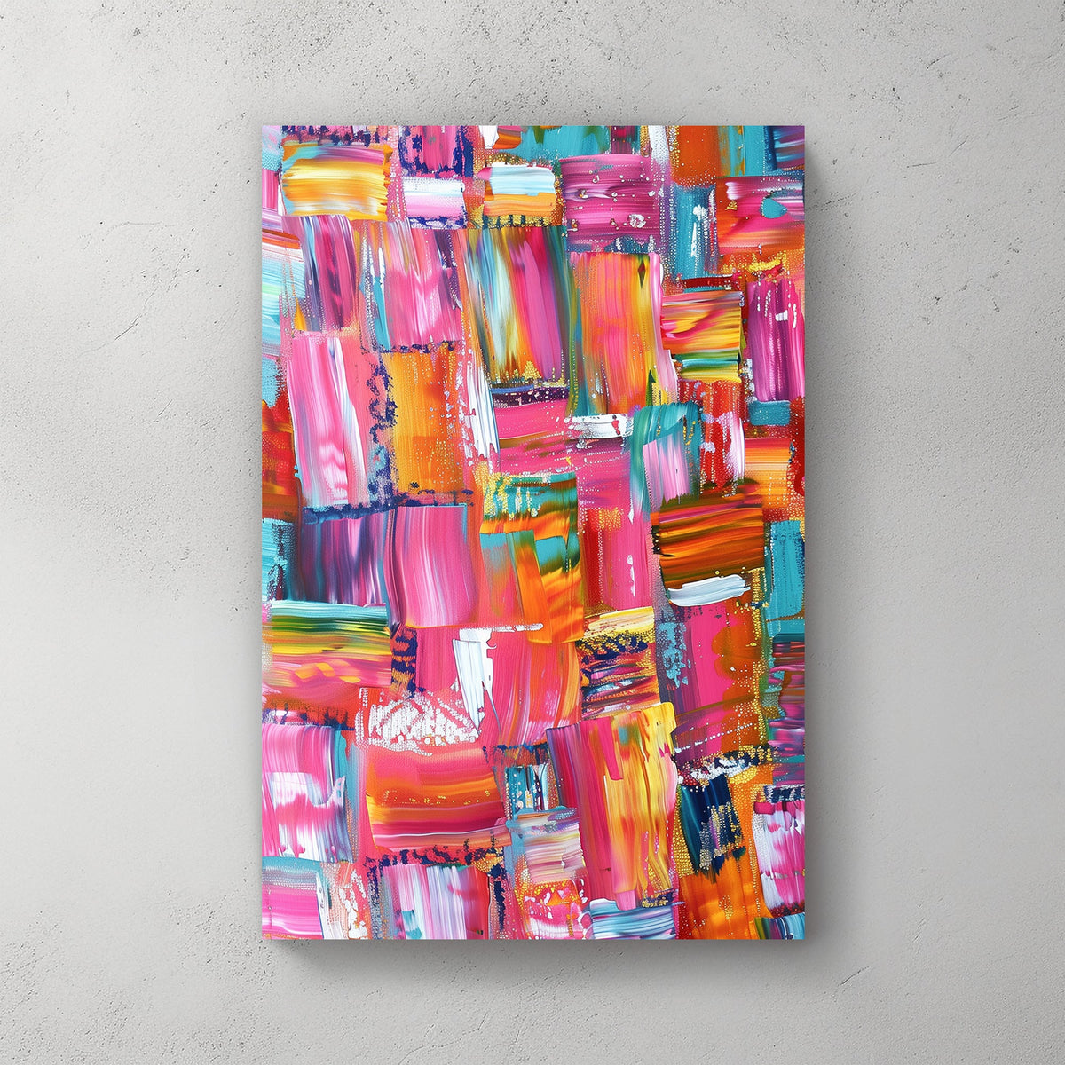Abstract wall art with bold brushstrokes in pink, teal, orange, and gold, creating a vibrant and textured composition.