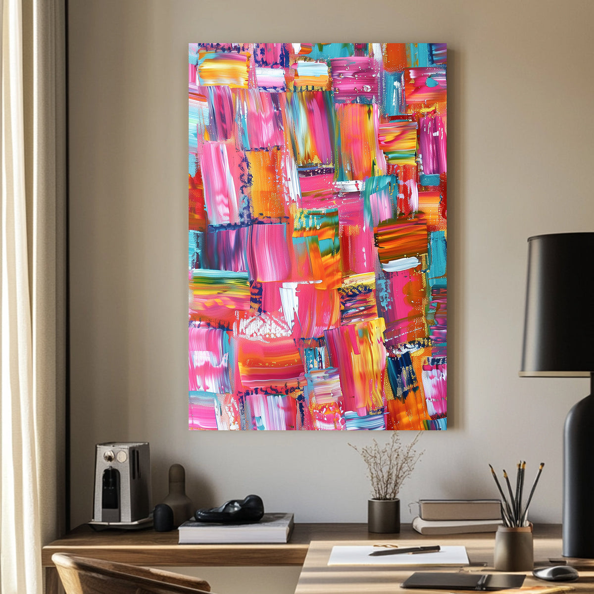 Abstract wall art with bold brushstrokes in pink, teal, orange, and gold, creating a vibrant and textured composition.