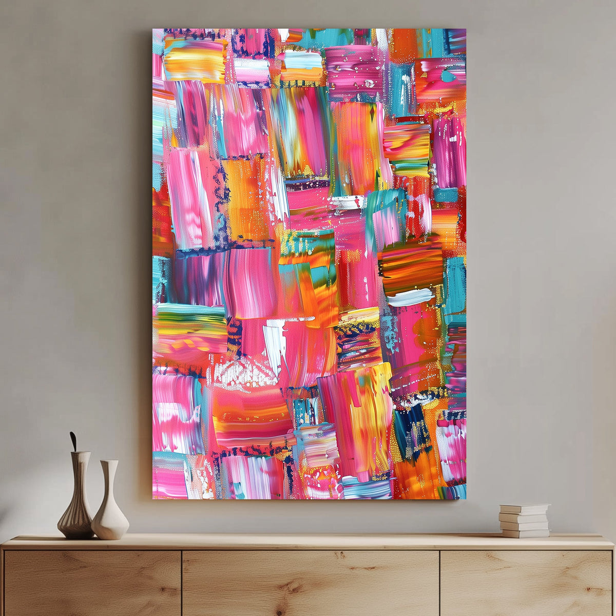 Abstract wall art with bold brushstrokes in pink, teal, orange, and gold, creating a vibrant and textured composition.