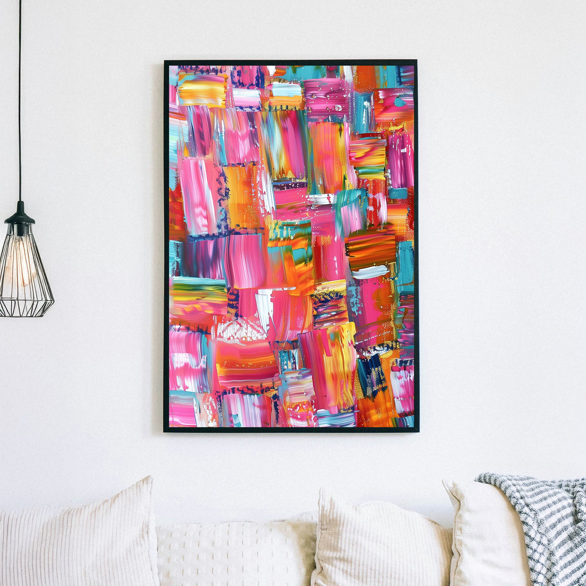 Abstract wall art with bold brushstrokes in pink, teal, orange, and gold, creating a vibrant and textured composition.