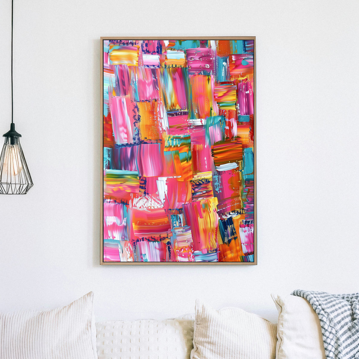 Abstract wall art with bold brushstrokes in pink, teal, orange, and gold, creating a vibrant and textured composition.