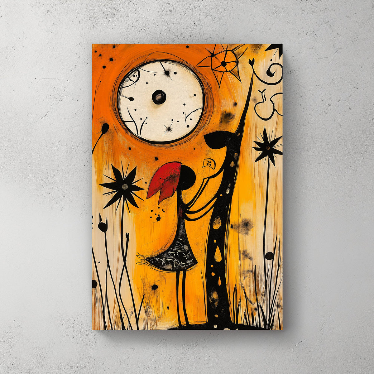 Whimsical abstract wall art of a girl in a red hood interacting with a mystical creature under a glowing moon, set in a warm orange and black palette.