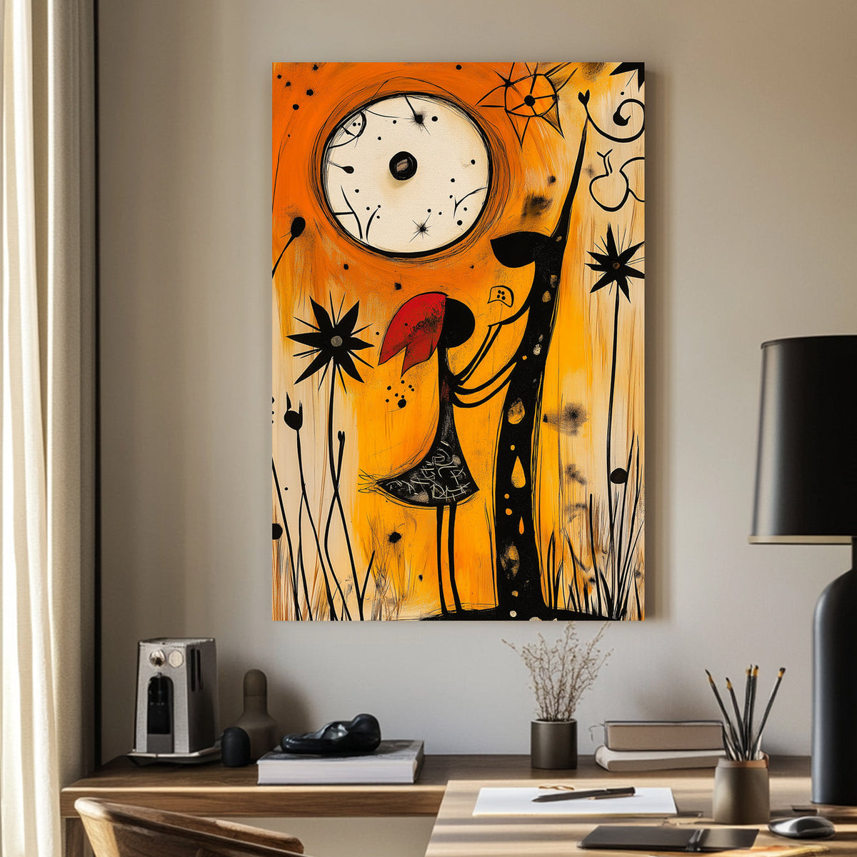 Whimsical abstract wall art of a girl in a red hood interacting with a mystical creature under a glowing moon, set in a warm orange and black palette.