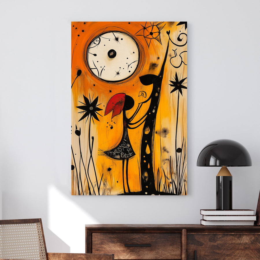Whimsical abstract wall art of a girl in a red hood interacting with a mystical creature under a glowing moon, set in a warm orange and black palette.
