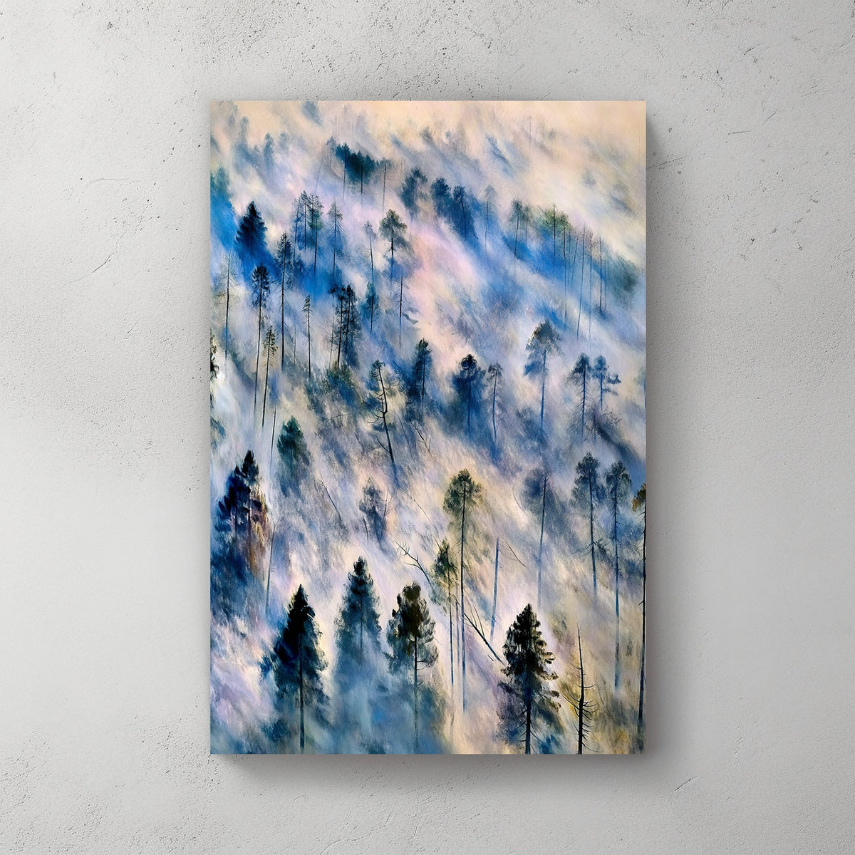Ethereal landscape wall art of mist-covered pine trees in soft blue, grey, and earth tones, evoking a tranquil forest scene.
