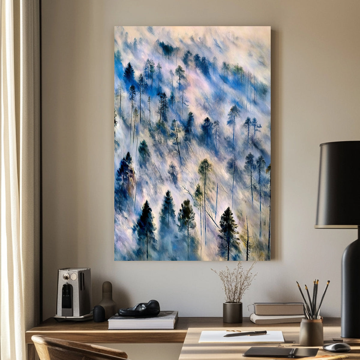 Ethereal landscape wall art of mist-covered pine trees in soft blue, grey, and earth tones, evoking a tranquil forest scene.
