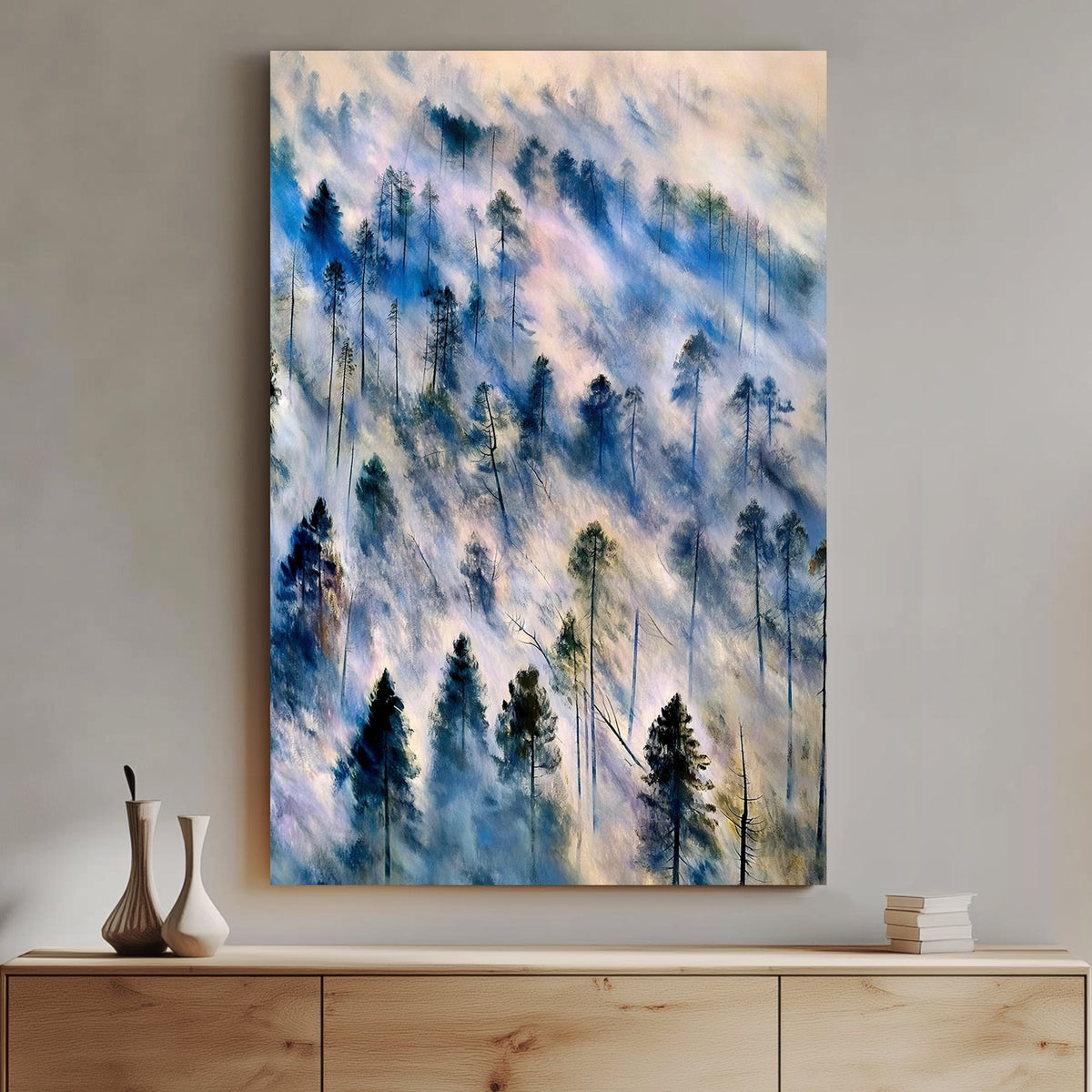 Ethereal landscape wall art of mist-covered pine trees in soft blue, grey, and earth tones, evoking a tranquil forest scene.