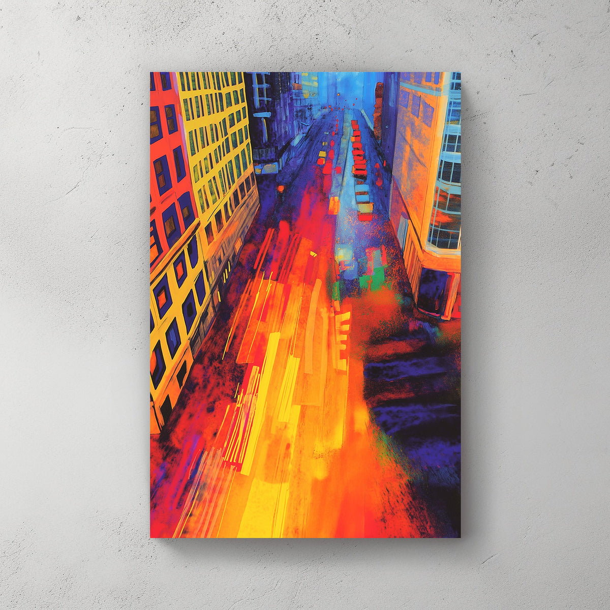 Abstract cityscape with neon lights, streaks of motion, and a silhouetted figure standing over a vibrant urban scene.