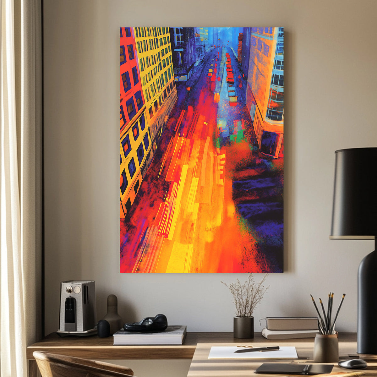 Abstract cityscape with neon lights, streaks of motion, and a silhouetted figure standing over a vibrant urban scene.