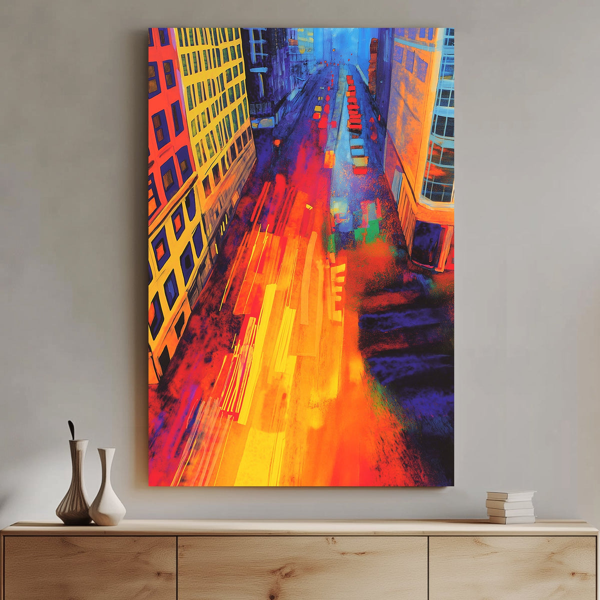 Abstract cityscape with neon lights, streaks of motion, and a silhouetted figure standing over a vibrant urban scene.