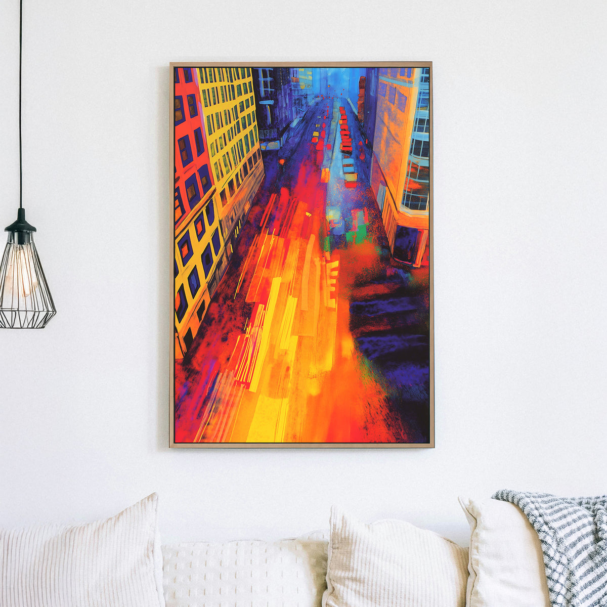 Abstract cityscape with neon lights, streaks of motion, and a silhouetted figure standing over a vibrant urban scene.