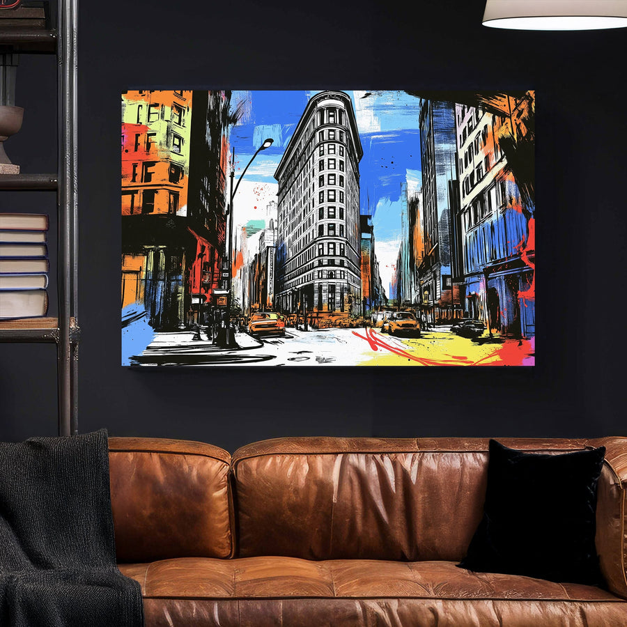 Graffiti-inspired cityscape featuring a black-and-white flatiron building with vibrant splashes of colour and bold brushstrokes.