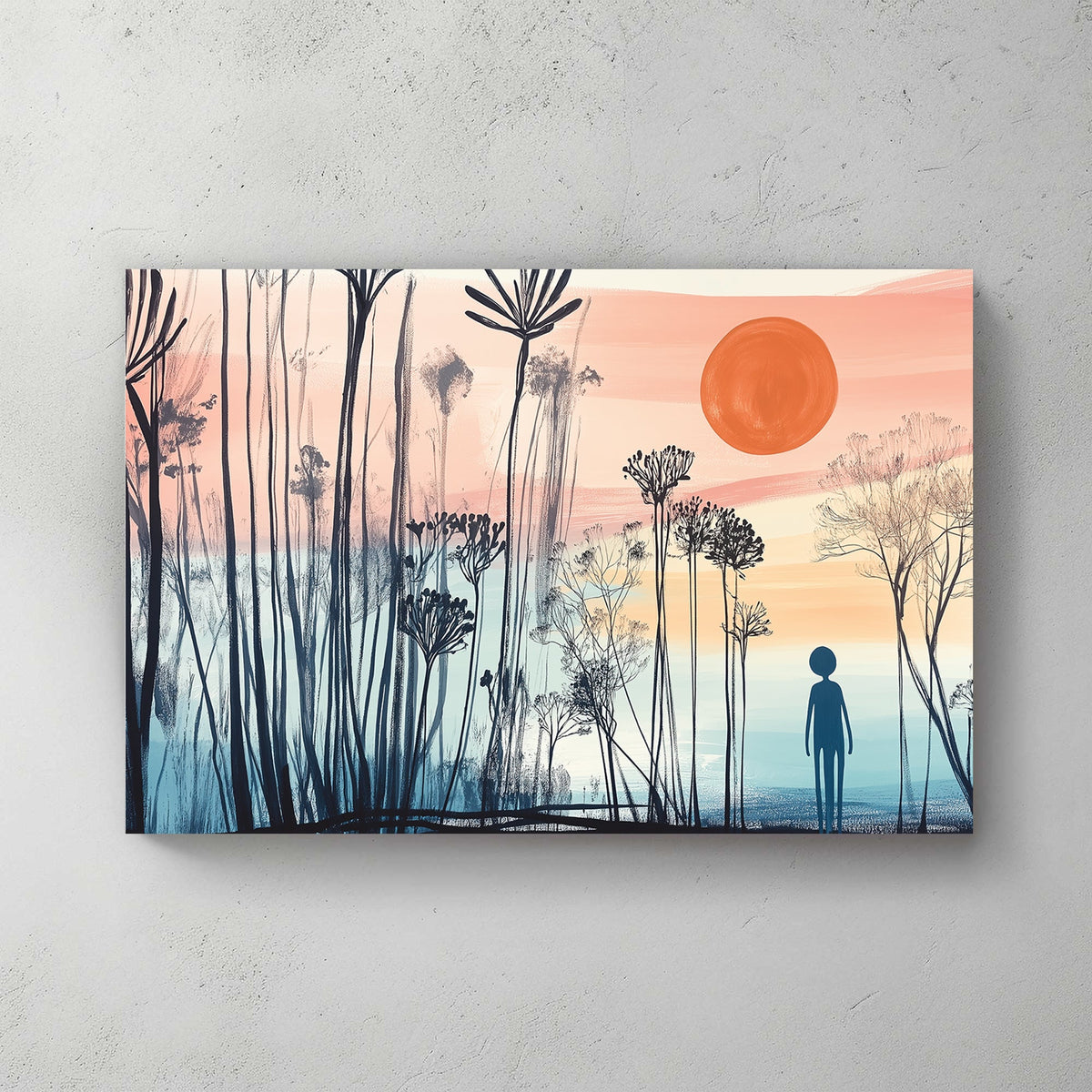 Minimalist landscape wall art of a silhouetted figure standing among abstract tall plants, with a pastel sunset in the background.